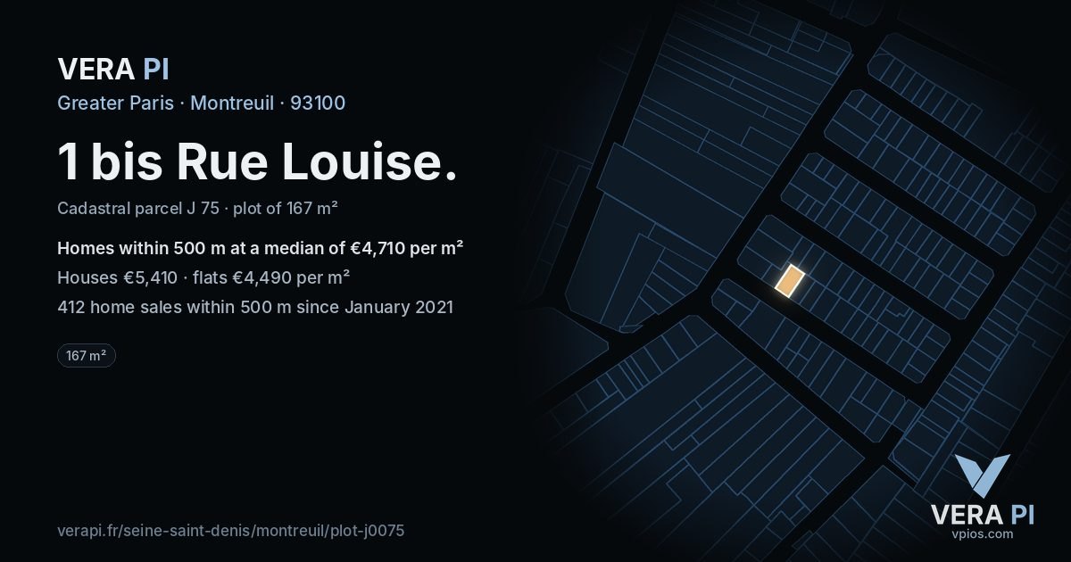 1 bis Rue Louise, Montreuil at night – the plot lit, the parcels around coloured by the prices near them