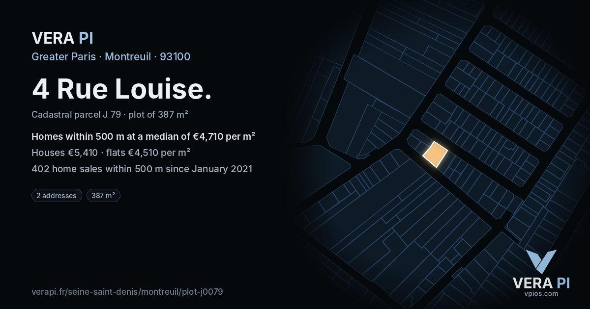 4 Rue Louise, Montreuil at night – the plot lit, the parcels around coloured by the prices near them