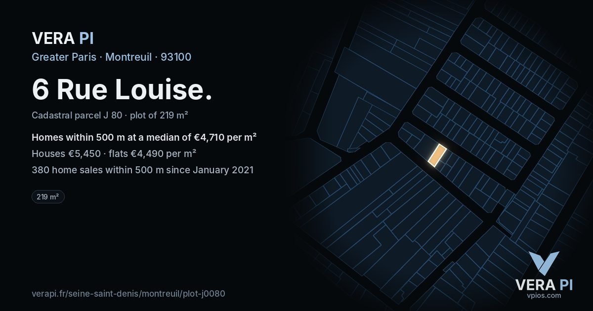 6 Rue Louise, Montreuil at night – the plot lit, the parcels around coloured by the prices near them