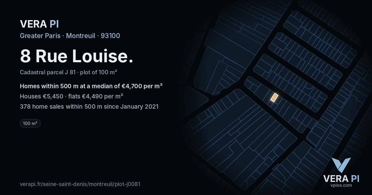 8 Rue Louise, Montreuil at night – the plot lit, the parcels around coloured by the prices near them
