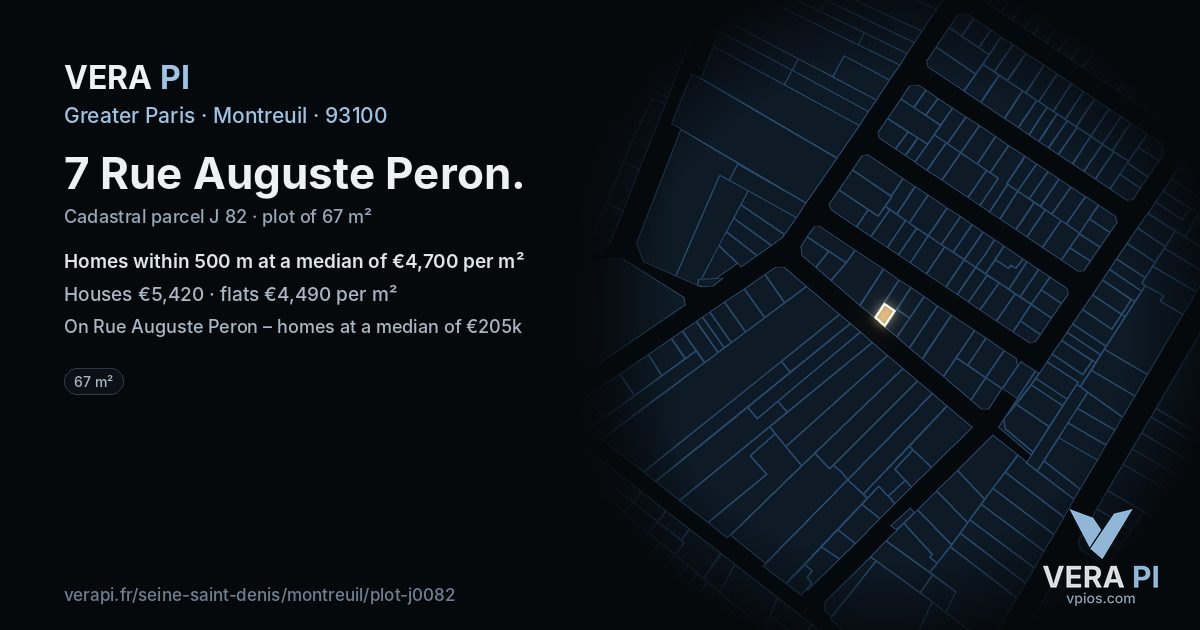 7 Rue Auguste Peron, Montreuil at night – the plot lit, the parcels around coloured by the prices near them