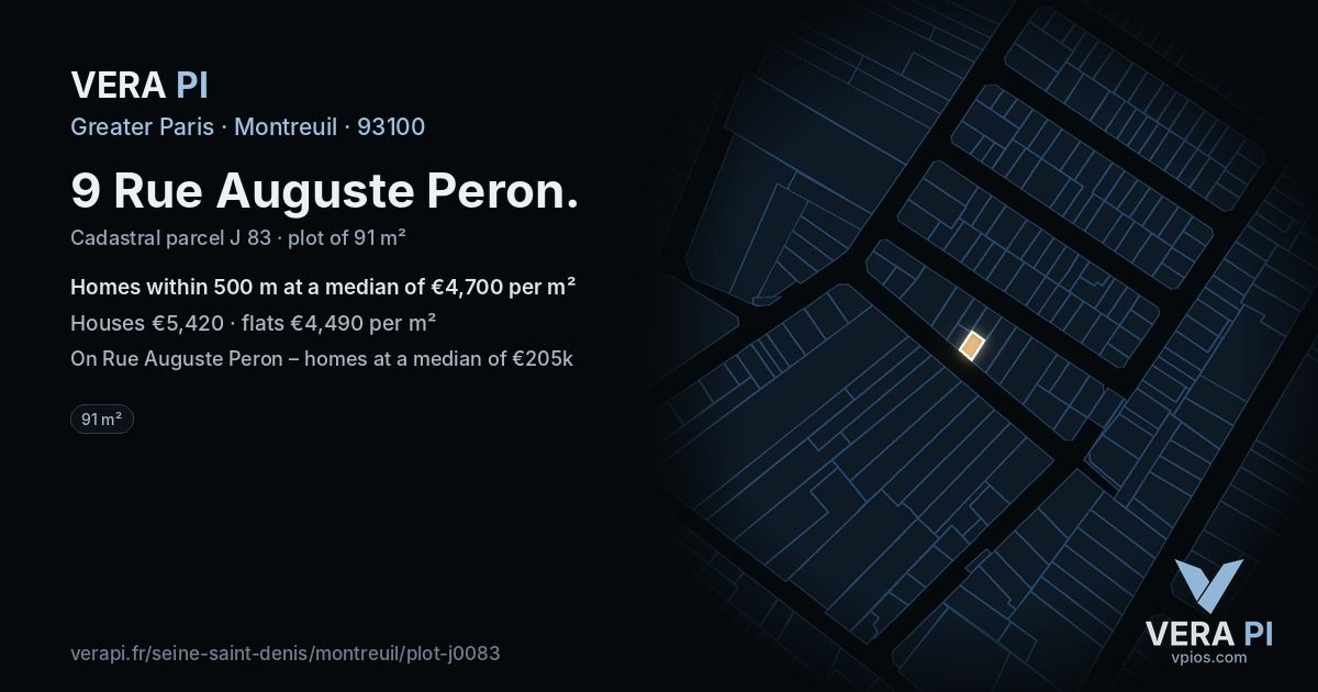 9 Rue Auguste Peron, Montreuil at night – the plot lit, the parcels around coloured by the prices near them