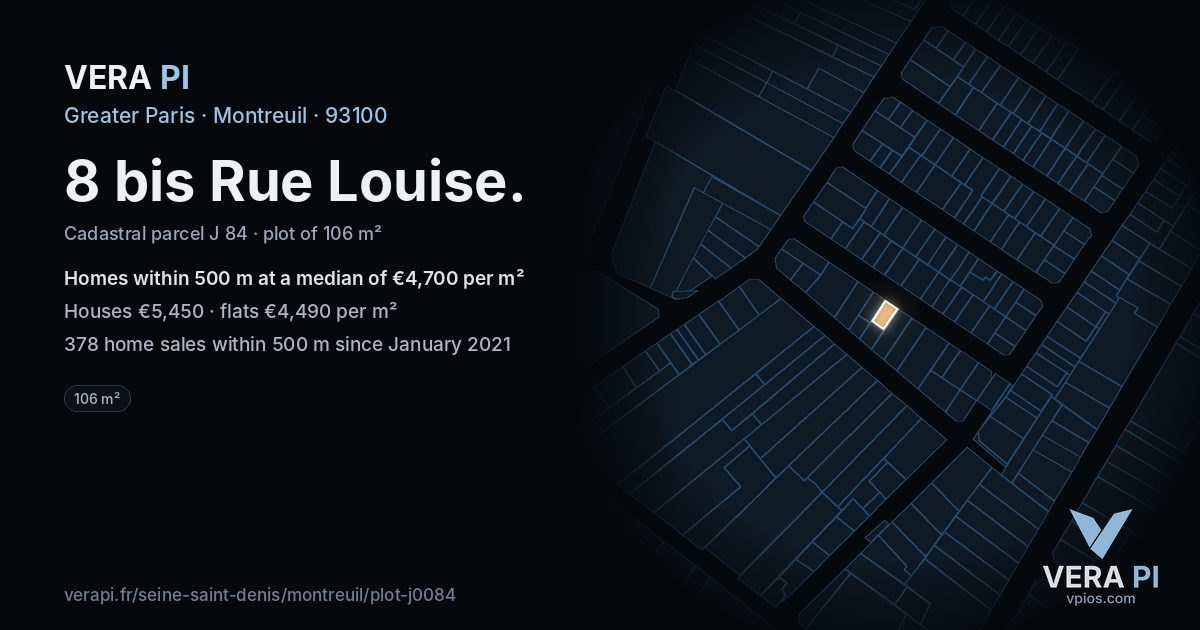 8 bis Rue Louise, Montreuil at night – the plot lit, the parcels around coloured by the prices near them