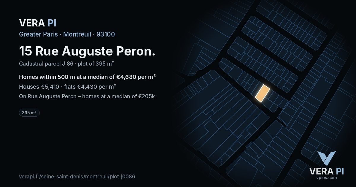 15 Rue Auguste Peron, Montreuil at night – the plot lit, the parcels around coloured by the prices near them