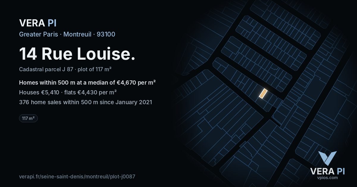 14 Rue Louise, Montreuil at night – the plot lit, the parcels around coloured by the prices near them