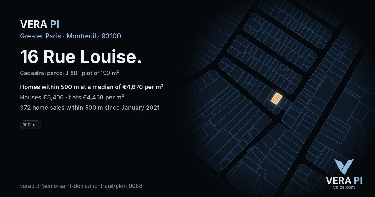 16 Rue Louise, Montreuil at night – the plot lit, the parcels around coloured by the prices near them