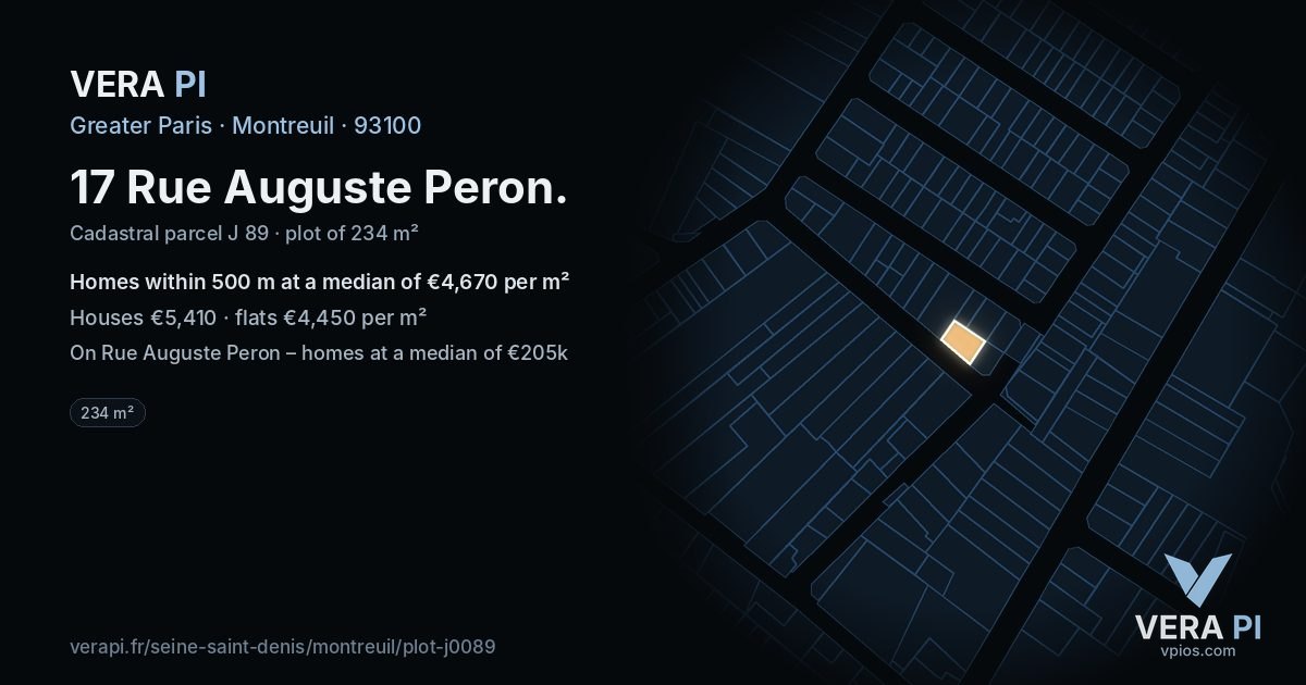 17 Rue Auguste Peron, Montreuil at night – the plot lit, the parcels around coloured by the prices near them