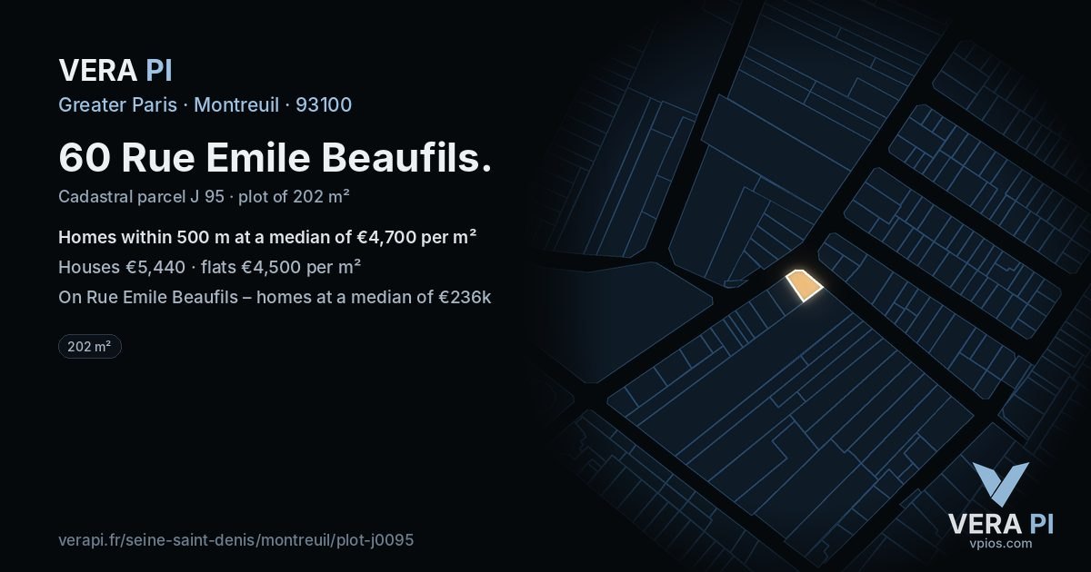 60 Rue Emile Beaufils, Montreuil at night – the plot lit, the parcels around coloured by the prices near them