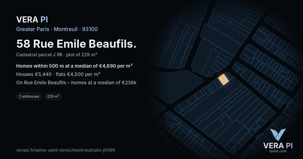 58 Rue Emile Beaufils, Montreuil at night – the plot lit, the parcels around coloured by the prices near them