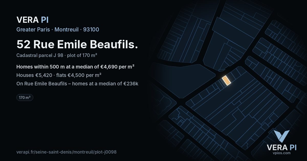 52 Rue Emile Beaufils, Montreuil at night – the plot lit, the parcels around coloured by the prices near them