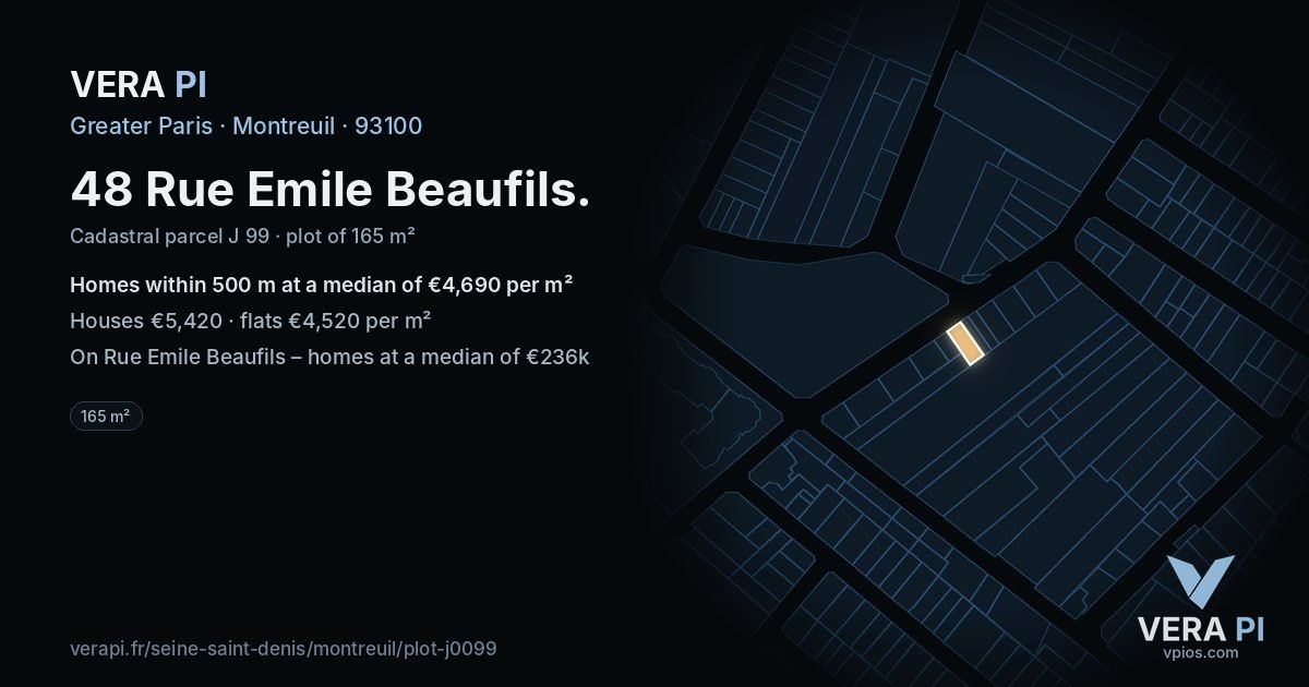 48 Rue Emile Beaufils, Montreuil at night – the plot lit, the parcels around coloured by the prices near them