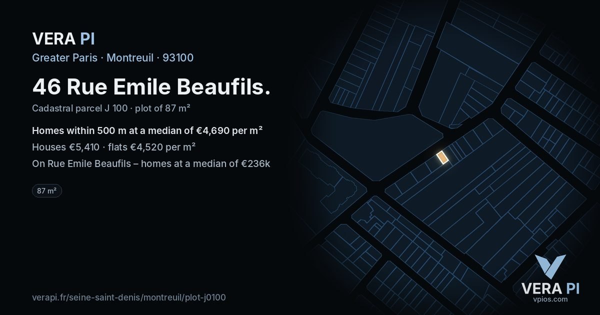 46 Rue Emile Beaufils, Montreuil at night – the plot lit, the parcels around coloured by the prices near them