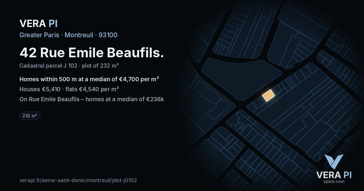 42 Rue Emile Beaufils, Montreuil at night – the plot lit, the parcels around coloured by the prices near them