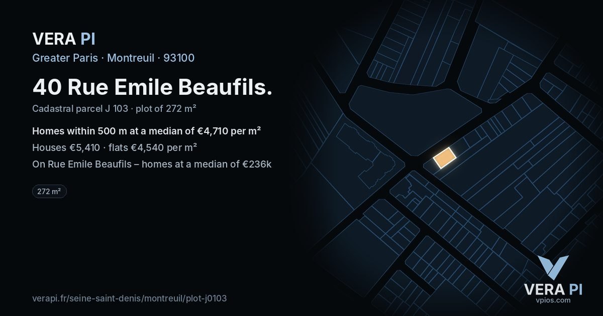 40 Rue Emile Beaufils, Montreuil at night – the plot lit, the parcels around coloured by the prices near them