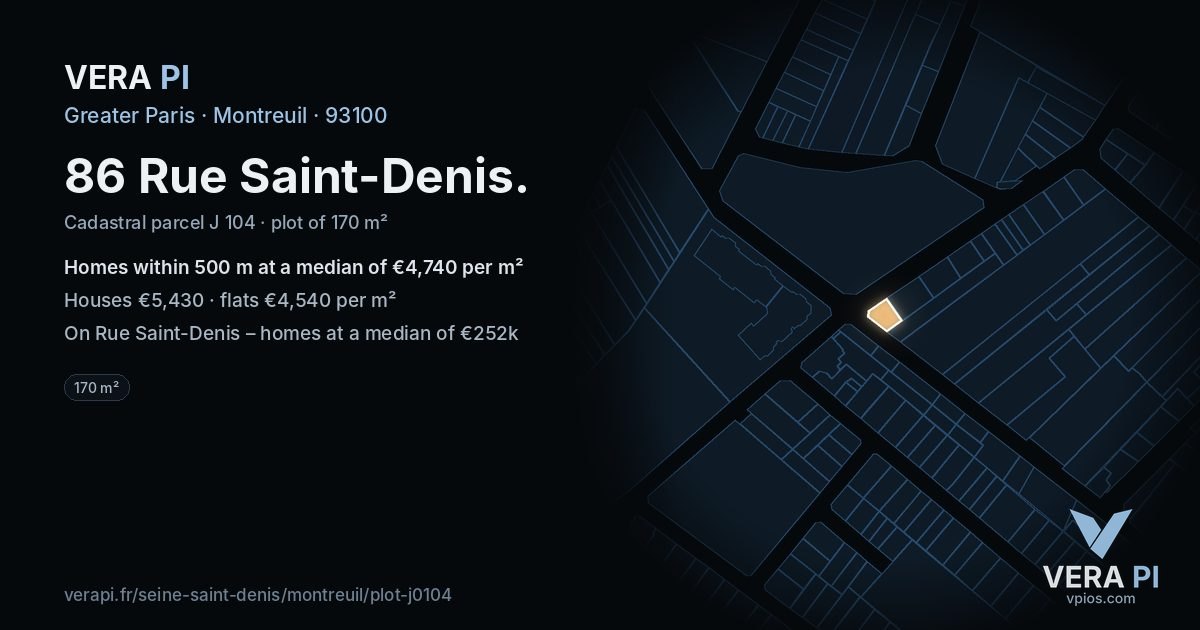 86 Rue Saint-Denis, Montreuil at night – the plot lit, the parcels around coloured by the prices near them