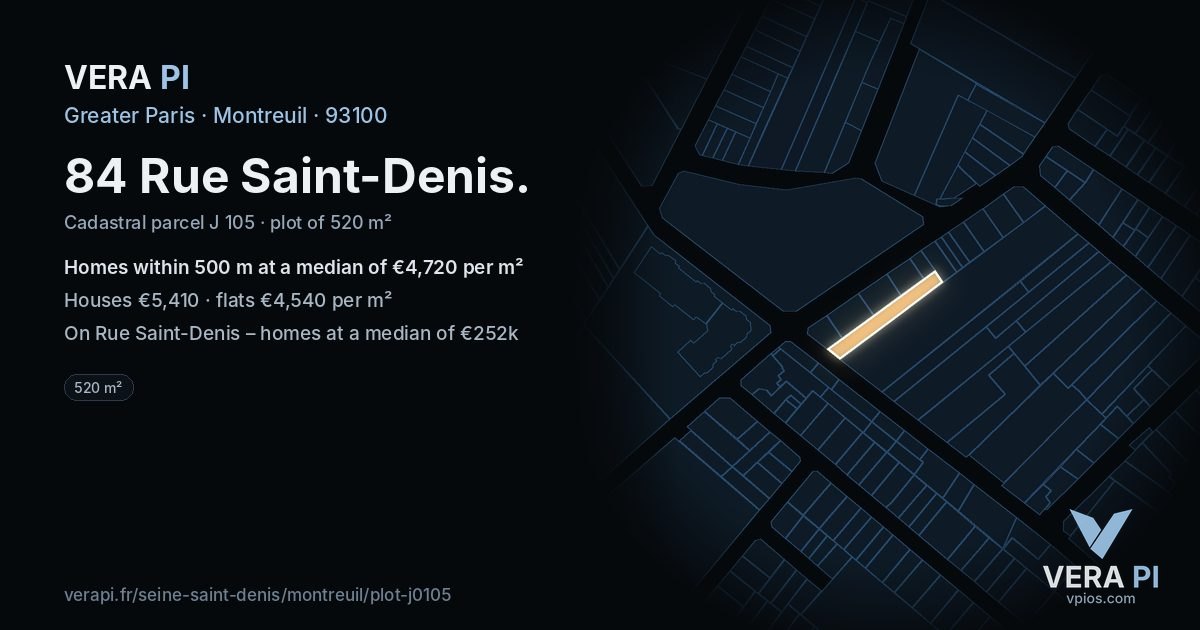 84 Rue Saint-Denis, Montreuil at night – the plot lit, the parcels around coloured by the prices near them