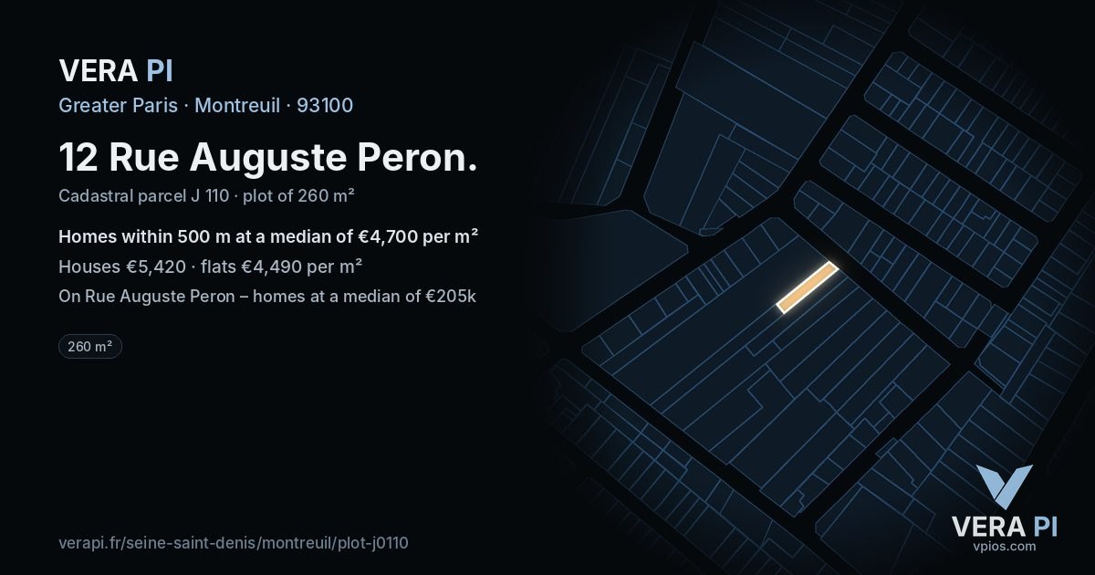 12 Rue Auguste Peron, Montreuil at night – the plot lit, the parcels around coloured by the prices near them
