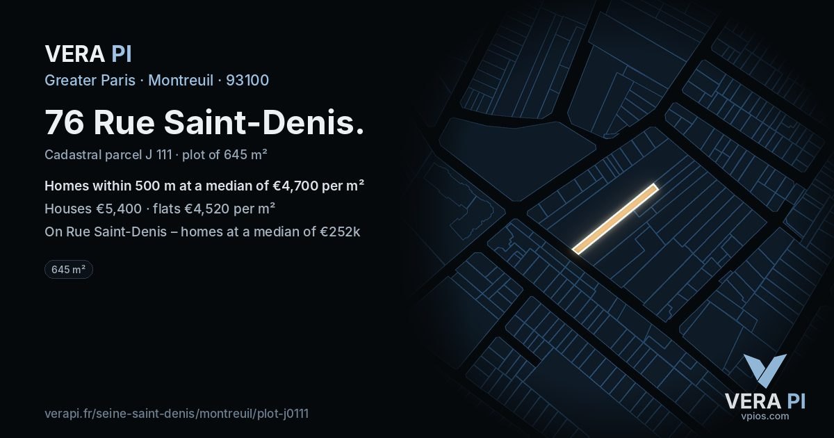 76 Rue Saint-Denis, Montreuil at night – the plot lit, the parcels around coloured by the prices near them