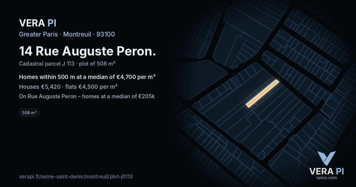 14 Rue Auguste Peron, Montreuil at night – the plot lit, the parcels around coloured by the prices near them