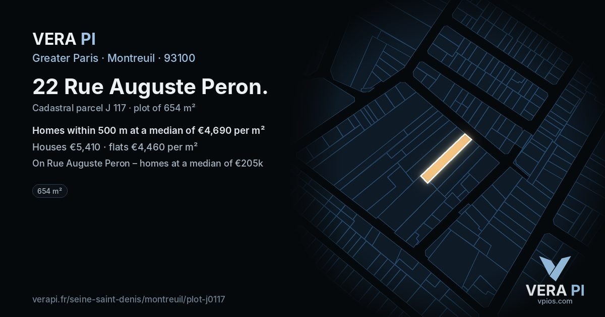 22 Rue Auguste Peron, Montreuil at night – the plot lit, the parcels around coloured by the prices near them