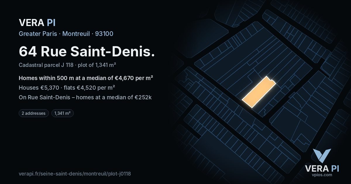 64 Rue Saint-Denis, Montreuil at night – the plot lit, the parcels around coloured by the prices near them