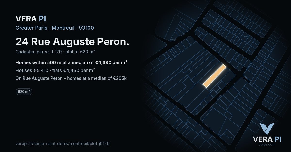 24 Rue Auguste Peron, Montreuil at night – the plot lit, the parcels around coloured by the prices near them