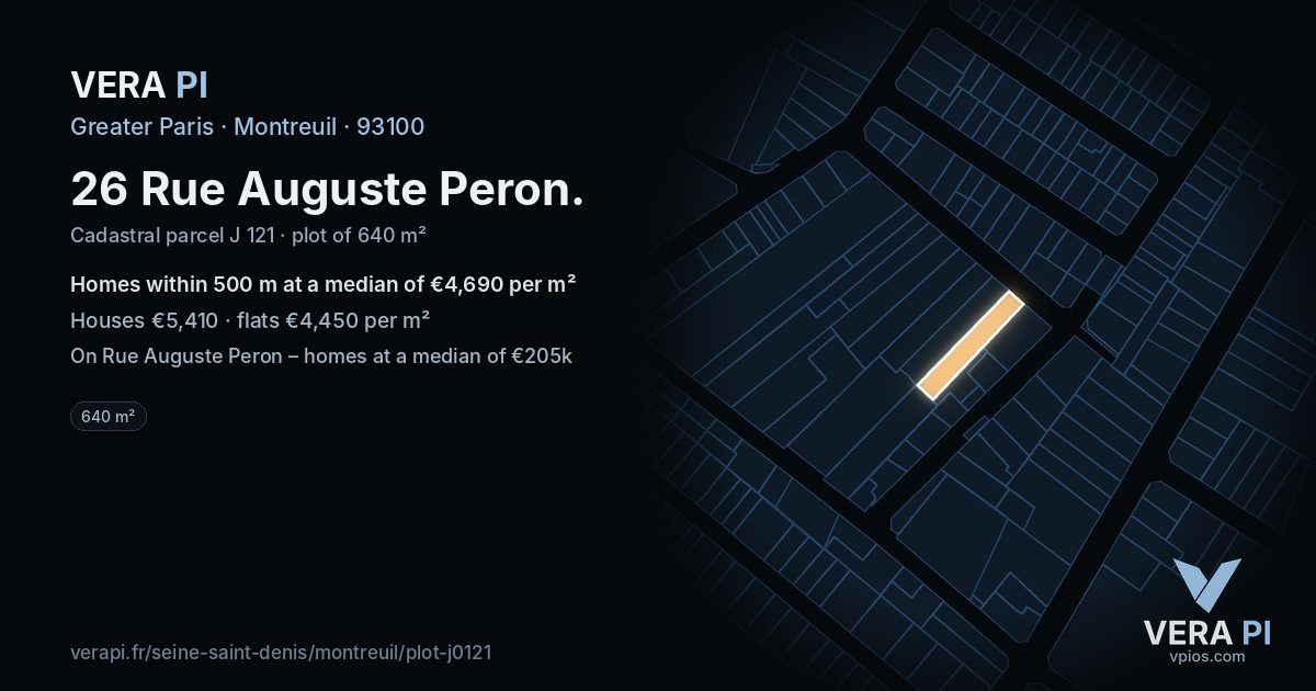 26 Rue Auguste Peron, Montreuil at night – the plot lit, the parcels around coloured by the prices near them