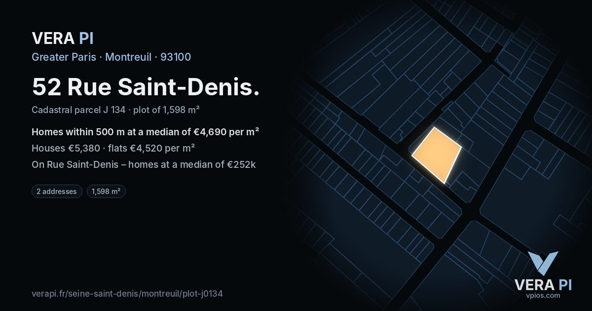 52 Rue Saint-Denis, Montreuil at night – the plot lit, the parcels around coloured by the prices near them