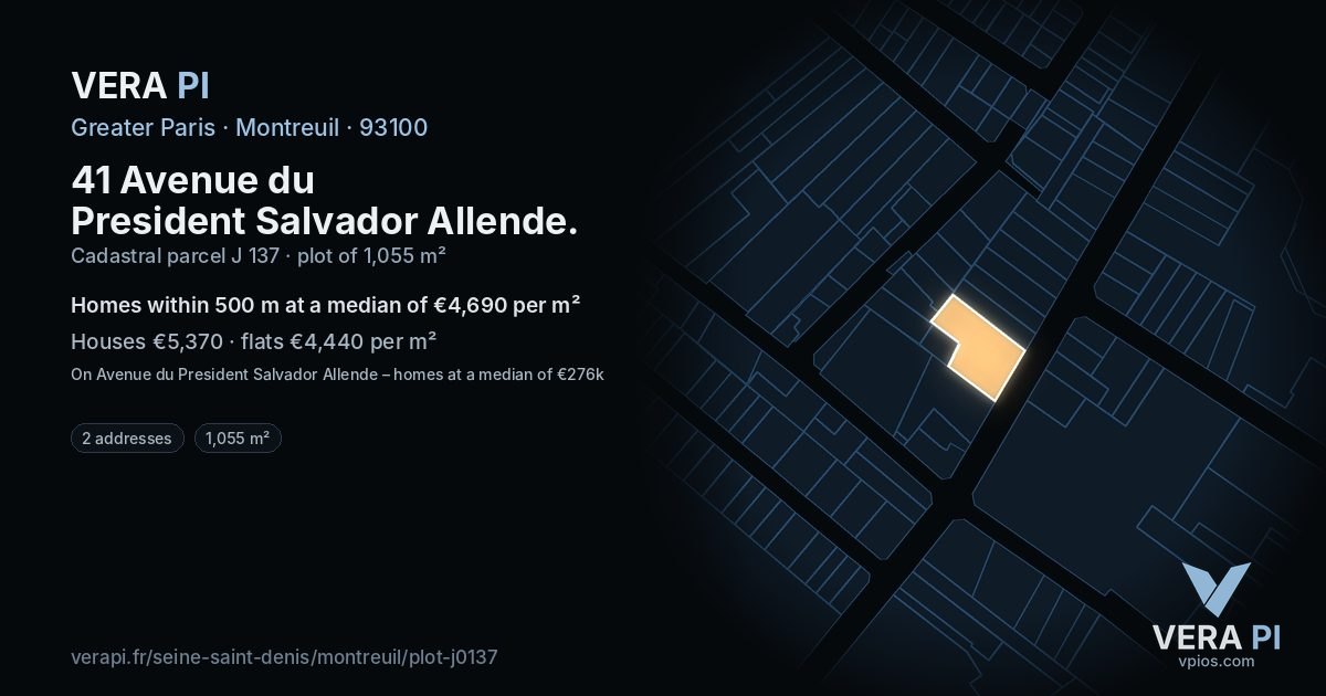 41 Avenue du President Salvador Allende, Montreuil at night – the plot lit, the parcels around coloured by the prices near them