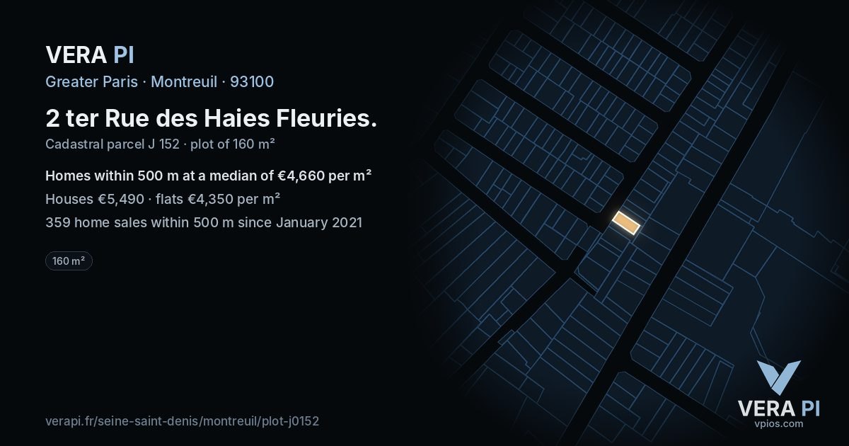 2 ter Rue des Haies Fleuries, Montreuil at night – the plot lit, the parcels around coloured by the prices near them