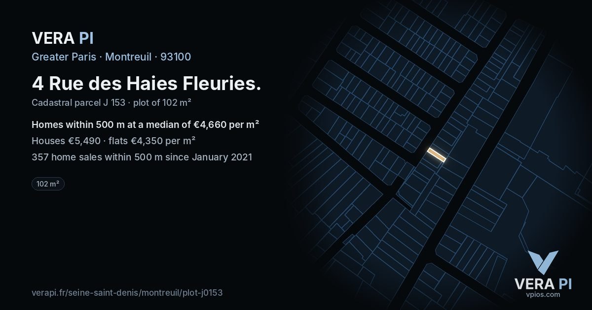 4 Rue des Haies Fleuries, Montreuil at night – the plot lit, the parcels around coloured by the prices near them