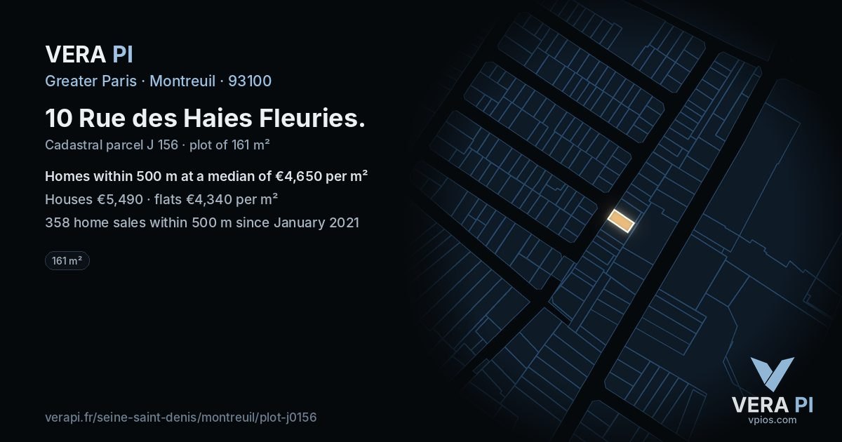 10 Rue des Haies Fleuries, Montreuil at night – the plot lit, the parcels around coloured by the prices near them