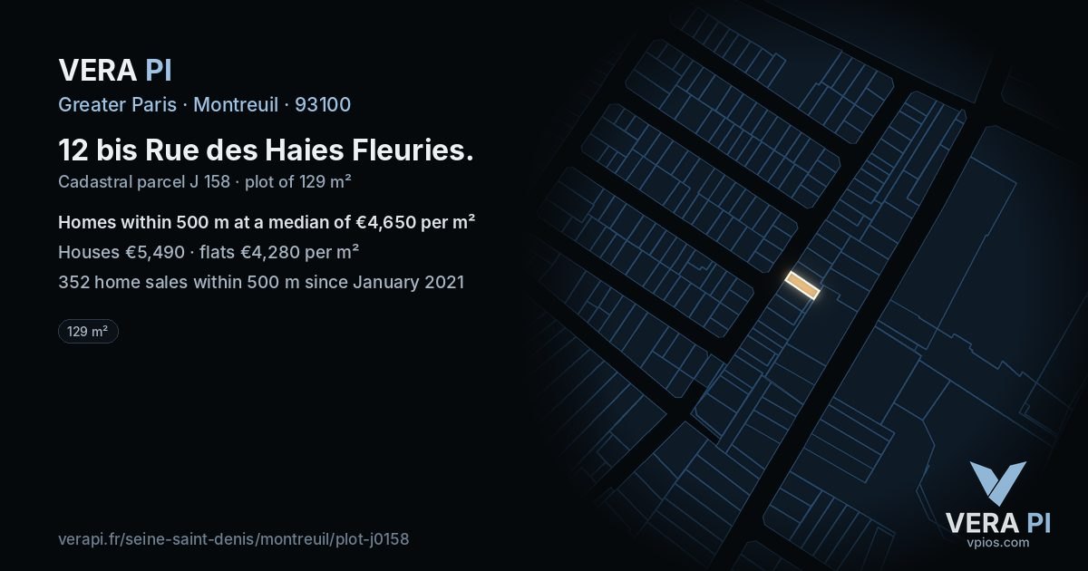 12 bis Rue des Haies Fleuries, Montreuil at night – the plot lit, the parcels around coloured by the prices near them
