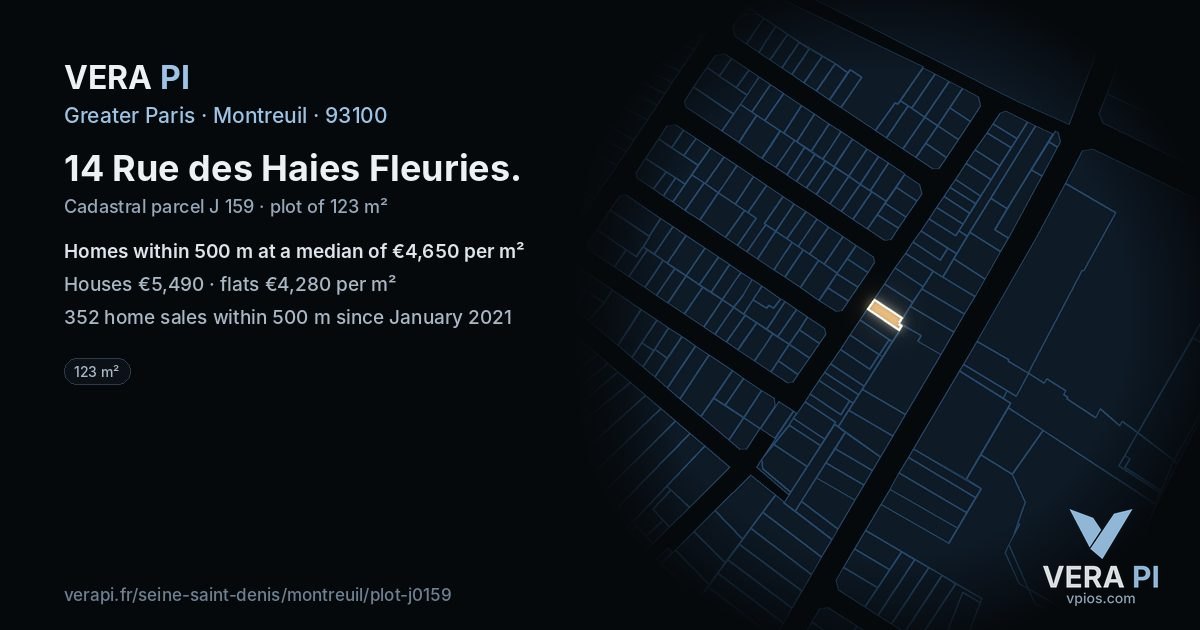 14 Rue des Haies Fleuries, Montreuil at night – the plot lit, the parcels around coloured by the prices near them