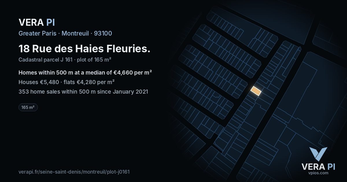 18 Rue des Haies Fleuries, Montreuil at night – the plot lit, the parcels around coloured by the prices near them