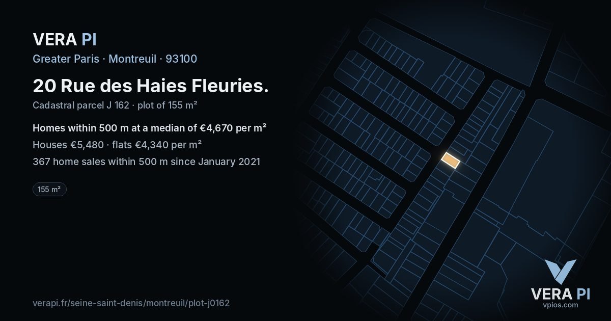 20 Rue des Haies Fleuries, Montreuil at night – the plot lit, the parcels around coloured by the prices near them