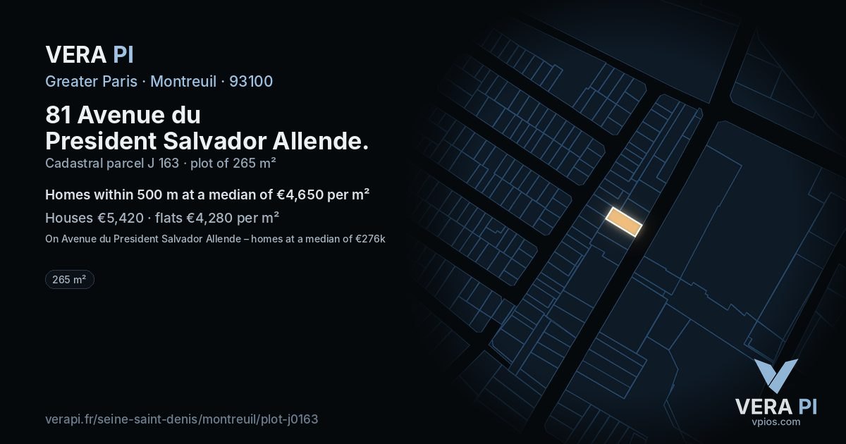 81 Avenue du President Salvador Allende, Montreuil at night – the plot lit, the parcels around coloured by the prices near them