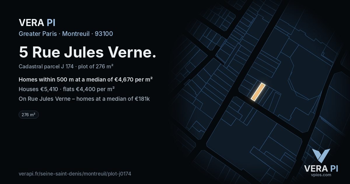 5 Rue Jules Verne, Montreuil at night – the plot lit, the parcels around coloured by the prices near them