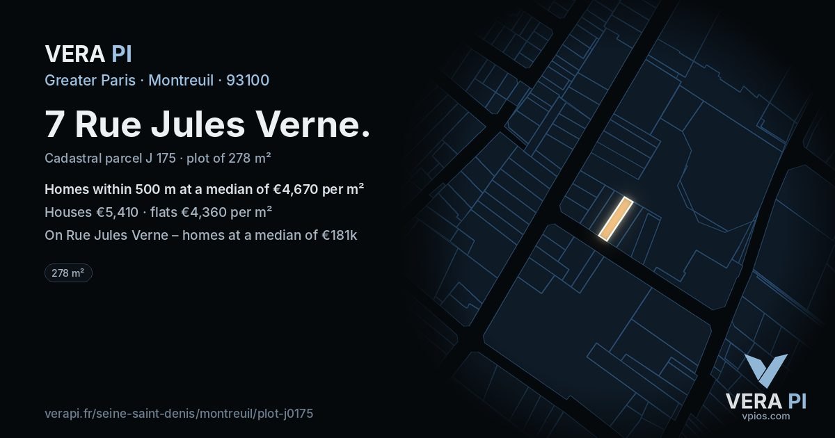 7 Rue Jules Verne, Montreuil at night – the plot lit, the parcels around coloured by the prices near them