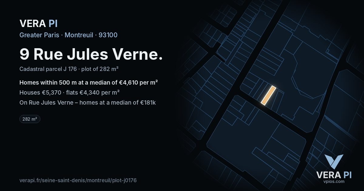 9 Rue Jules Verne, Montreuil at night – the plot lit, the parcels around coloured by the prices near them