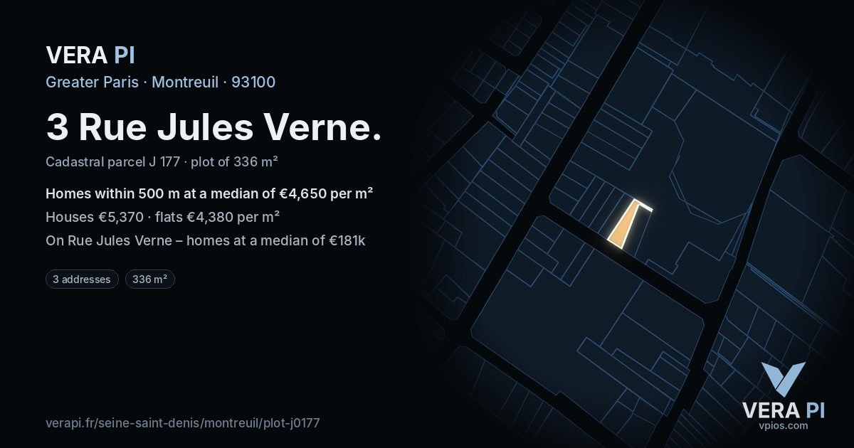 3 Rue Jules Verne, Montreuil at night – the plot lit, the parcels around coloured by the prices near them