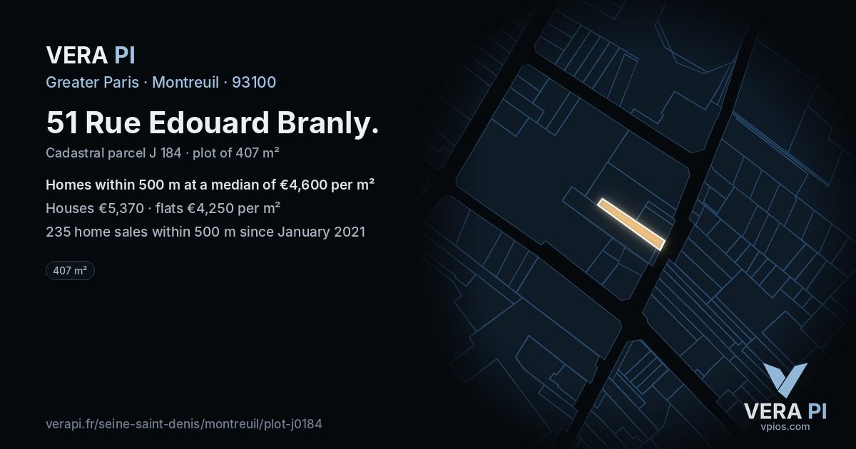 51 Rue Edouard Branly, Montreuil at night – the plot lit, the parcels around coloured by the prices near them