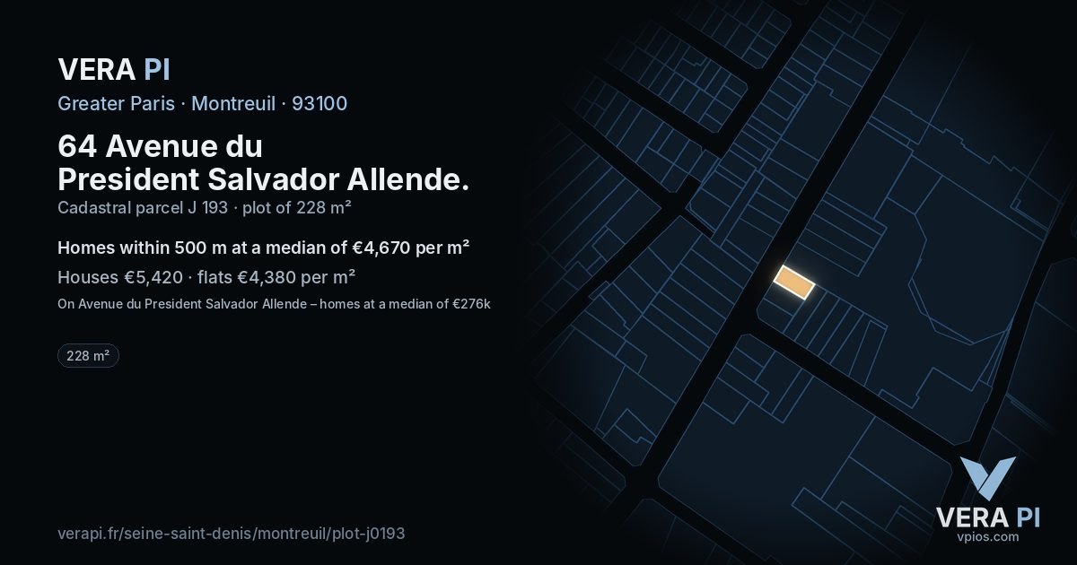 64 Avenue du President Salvador Allende, Montreuil at night – the plot lit, the parcels around coloured by the prices near them