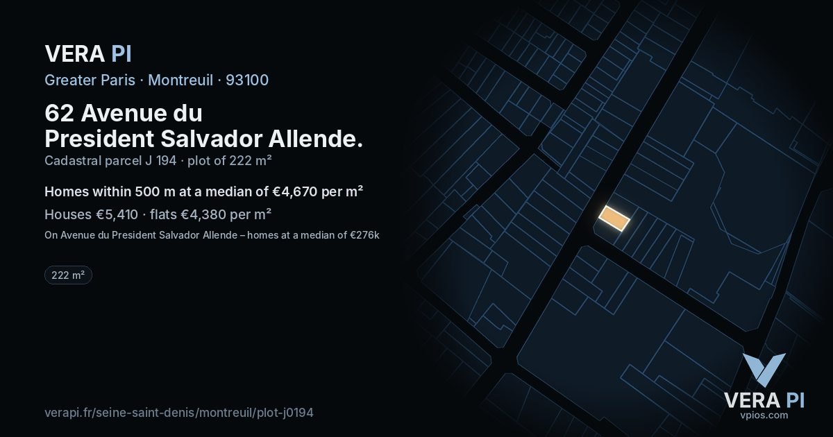 62 Avenue du President Salvador Allende, Montreuil at night – the plot lit, the parcels around coloured by the prices near them