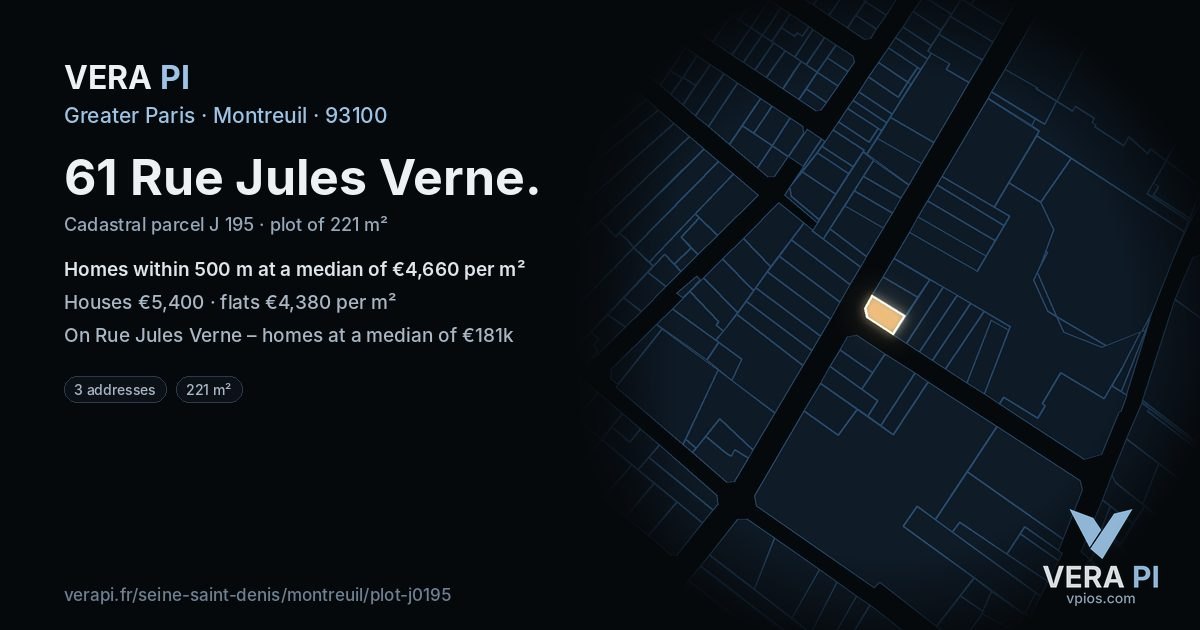 61 Rue Jules Verne, Montreuil at night – the plot lit, the parcels around coloured by the prices near them