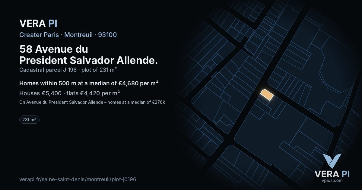 58 Avenue du President Salvador Allende, Montreuil at night – the plot lit, the parcels around coloured by the prices near them