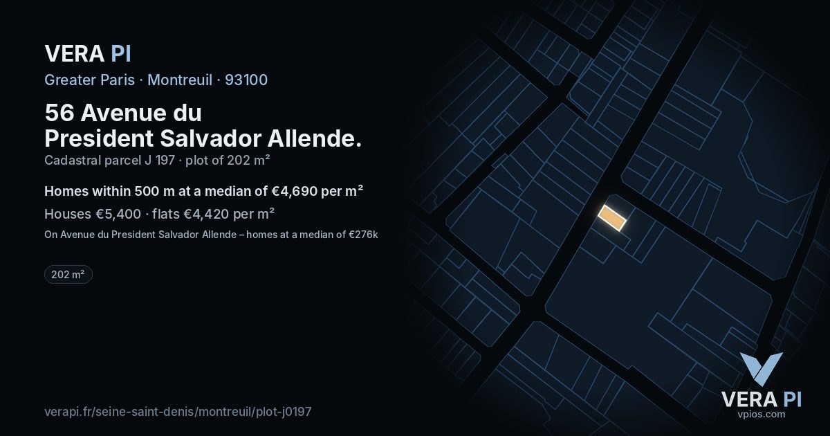 56 Avenue du President Salvador Allende, Montreuil at night – the plot lit, the parcels around coloured by the prices near them