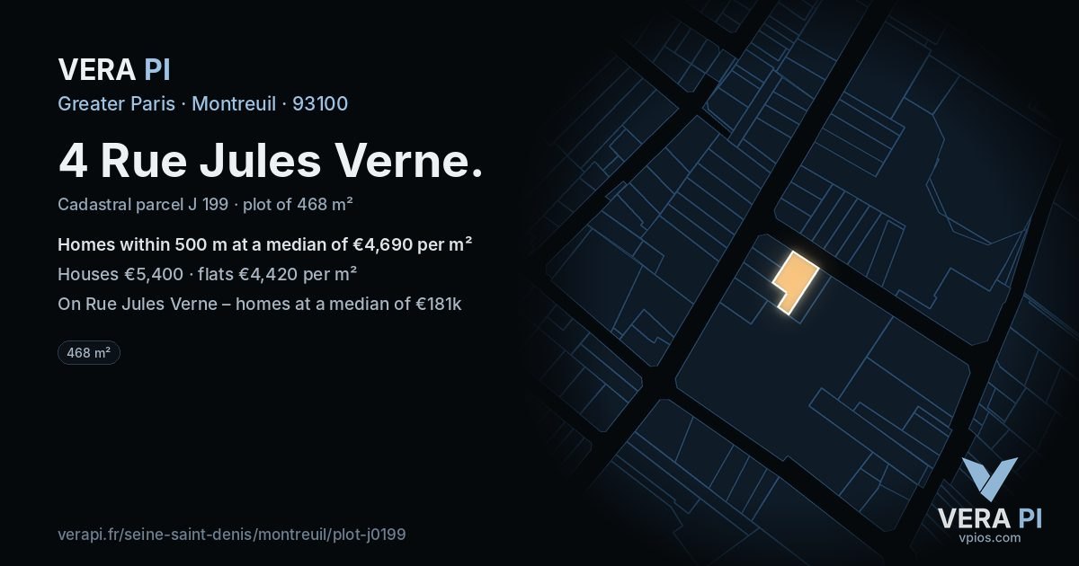 4 Rue Jules Verne, Montreuil at night – the plot lit, the parcels around coloured by the prices near them