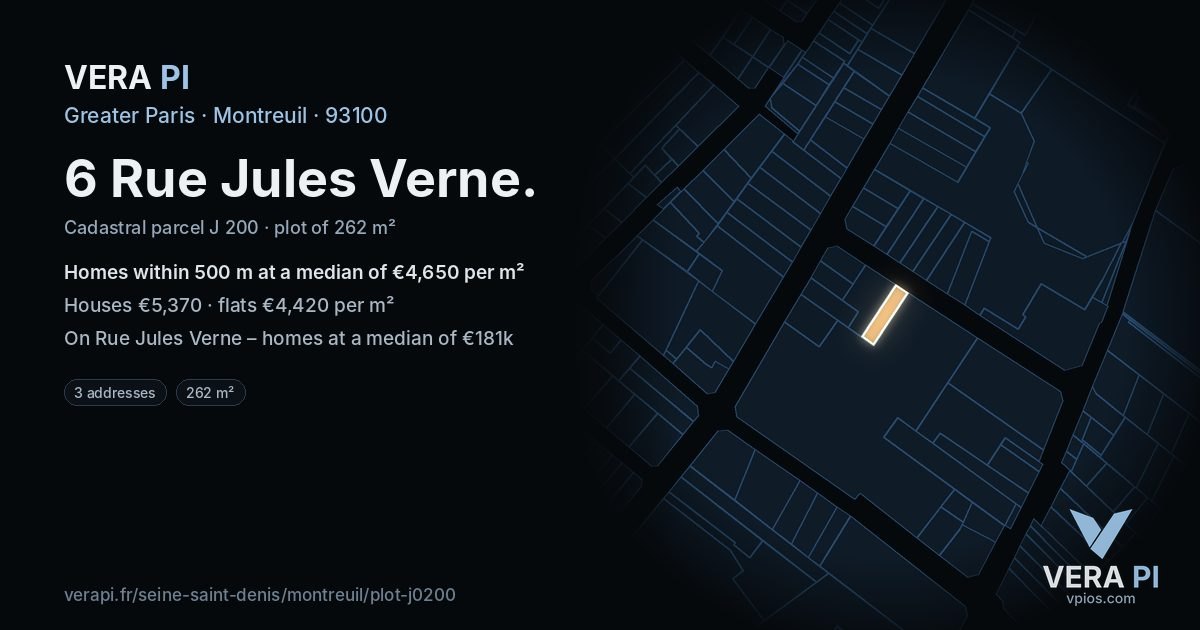 6 Rue Jules Verne, Montreuil at night – the plot lit, the parcels around coloured by the prices near them