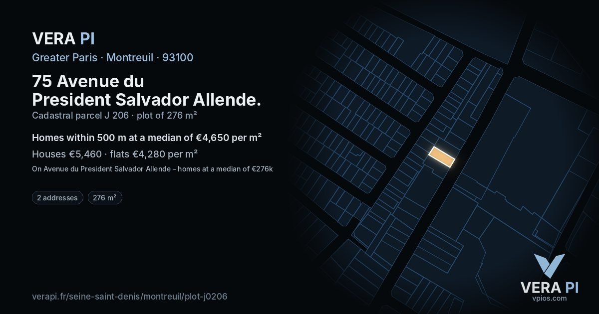 75 Avenue du President Salvador Allende, Montreuil at night – the plot lit, the parcels around coloured by the prices near them